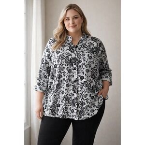 Lily Stanhope Woman Black White Floral Print Button Down Linen Shirt 1X